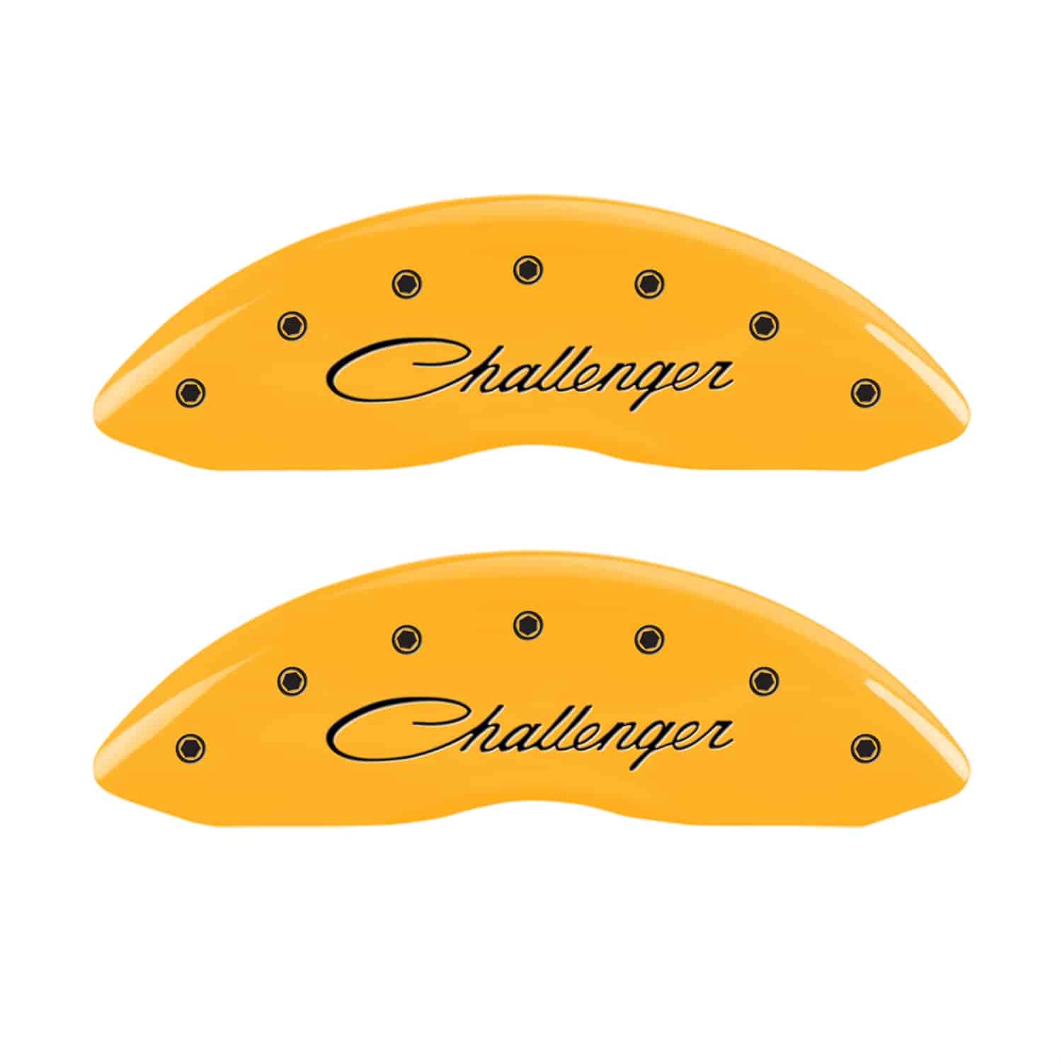 Set of 4 caliper covers Engraved Front Cursive/Challenger - Engraved Rear RT Yellow powder coat finish black characters