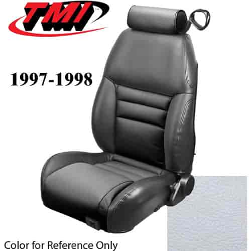 43-76307-965 1997-98 MUSTANG GT FRONT BUCKET SEAT OXFORD WHITE VINYL NON-OE UPHOLSTERY SMALL HEADREST COVERS INCLUDED