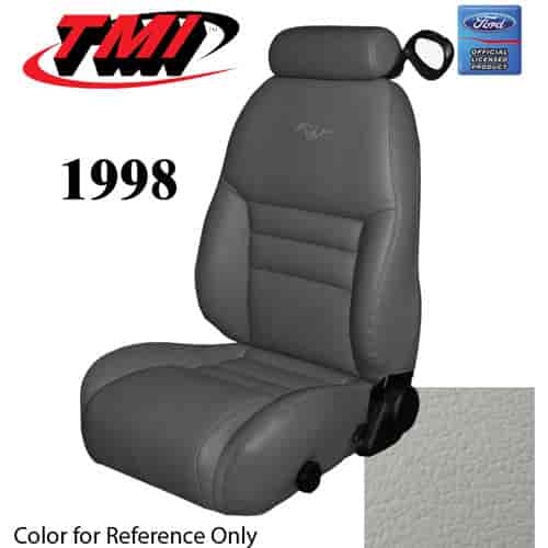 43-76608-L965-PONY 1998 MUSTANG GT FRONT BUCKET SEAT OXFORD WHITE LEATHER UPHOLSTERY W/PONY LOGO SMALL HEADREST COVERS INCLUDED