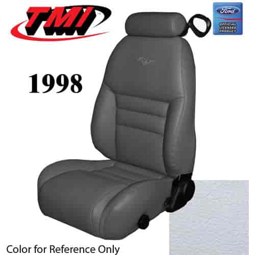 43-76308-965-PONY 1998 MUSTANG GT FRONT BUCKET SEAT OXFORD WHITE VINYL UPHOLSTERY W/PONY LOGO SMALL HEADREST COVERS INCLUDED