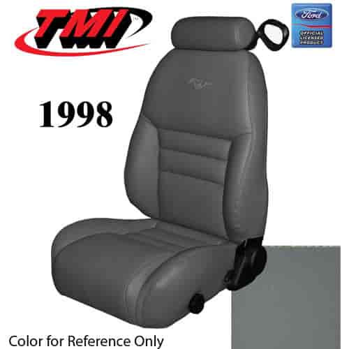 43-76308-6687-PONY 1998 MUSTANG GT FRONT BUCKET SEAT OPAL GRAY VINYL UPHOLSTERY W/PONY LOGO SMALL HEADREST COVERS INCLUDED