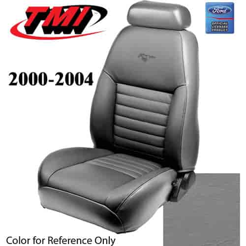 43-76600-L620-PONY 2000-04 MUSTANG GT FRONT BUCKET SEAT MEDIUM GRAPHITE LEATHER UPHOLSTERY W/PONY LO