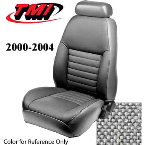 43-76700-72 2000-04 MUSTANG GT FRONT BUCKET SEAT MEDIUM GRAPHITE TWEED NON-OE CLOTH UPHOLSTERY SMALL HEADREST COVERS INCLUDED