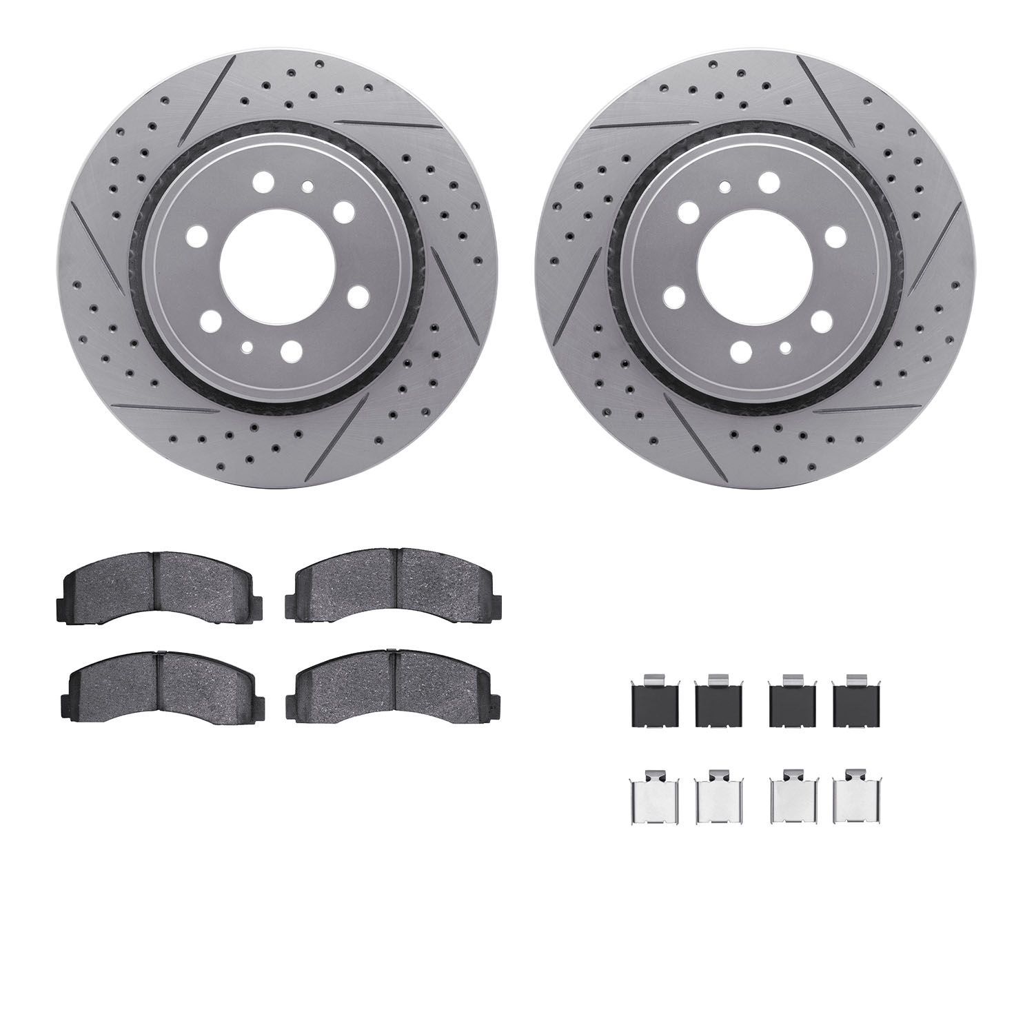 2212-99165 Geoperformance Drilled/Slotted Rotors w/Heavy-Duty Pads Kit & Hardware, 2010-2021 Ford/Lincoln/Mercury/Mazda, Positio