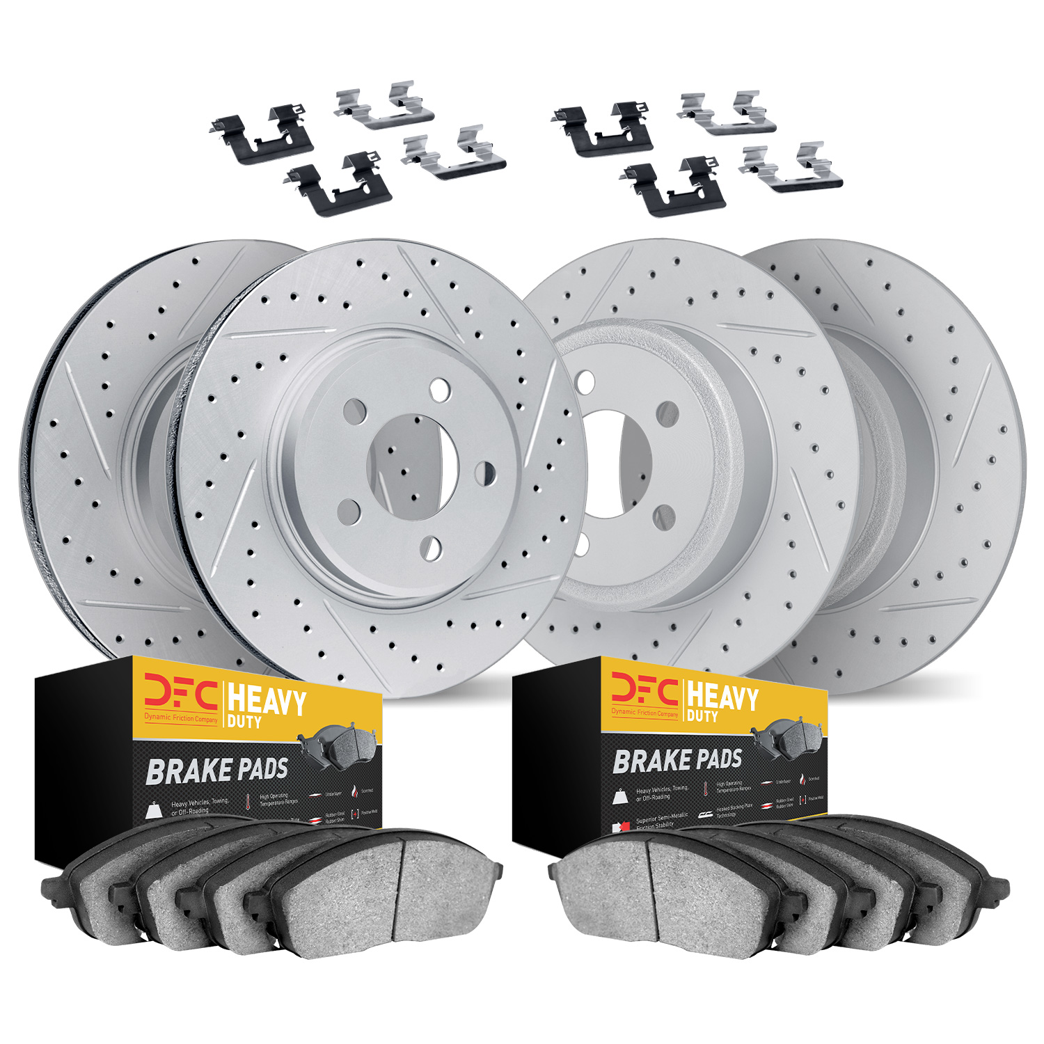 2214-42032 Geoperformance Drilled/Slotted Rotors w/Heavy-Duty Pads Kit & Hardware, 2007-2018 Mopar, Position: Front and Rear
