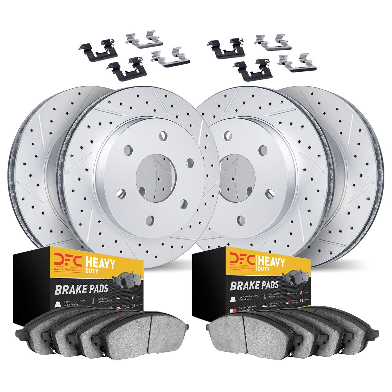 2214-46024 Geoperformance Drilled/Slotted Rotors w/Heavy-Duty Pads Kit & Hardware, 2013-2019 GM, Position: Front and Rear