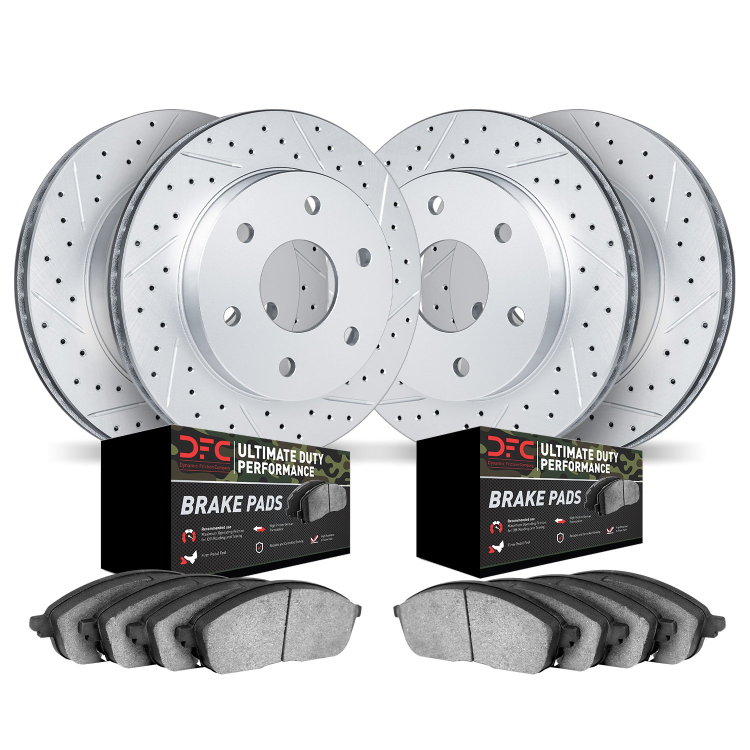 2404-48013 Geoperformance Drilled/Slotted Brake Rotors with Ultimate-Duty Brake Pads Kit, 2014-2020 GM, Position: Front and Rear