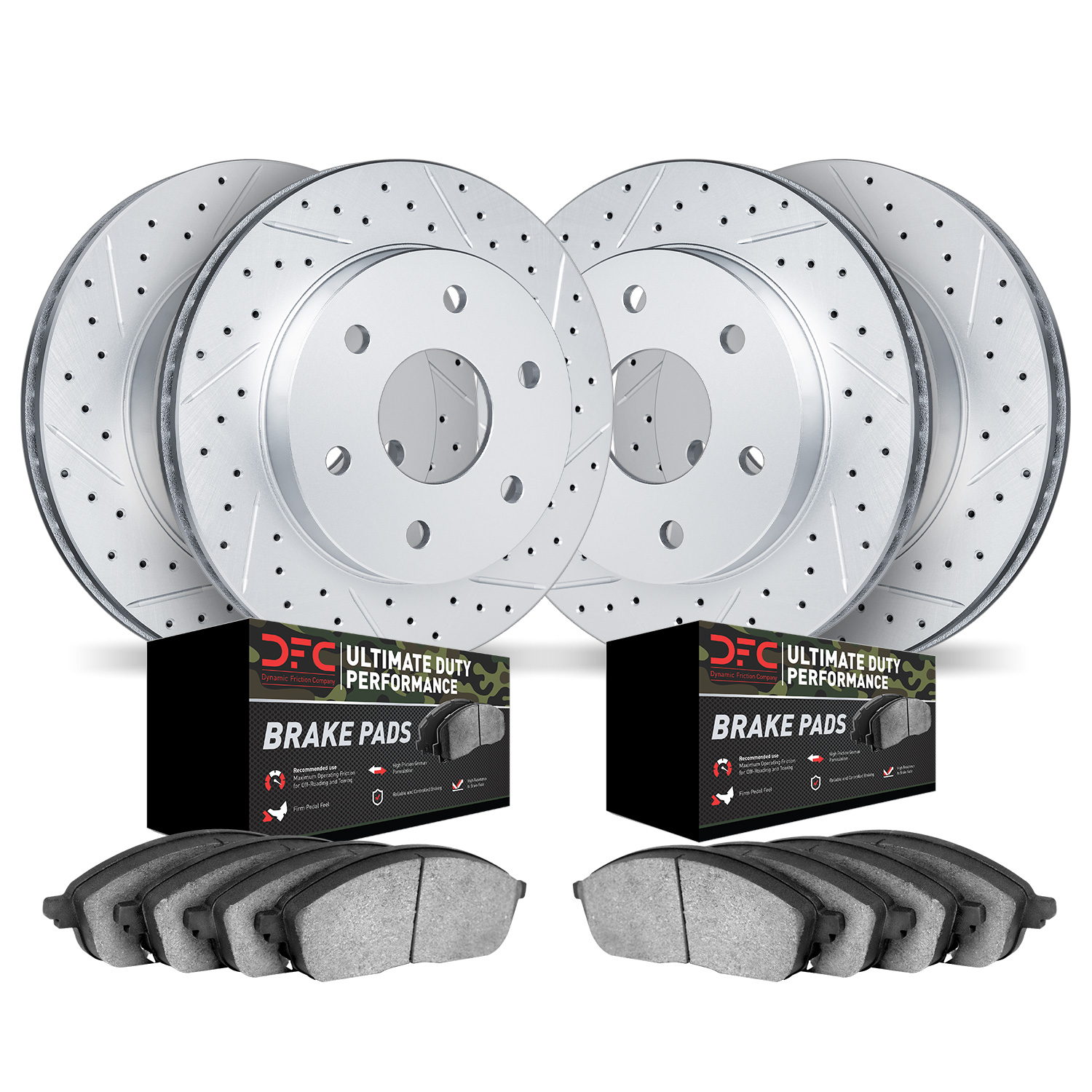 2404-48015 Geoperformance Drilled/Slotted Brake Rotors with Ultimate-Duty Brake Pads Kit, 2009-2014 GM, Position: Front and Rear