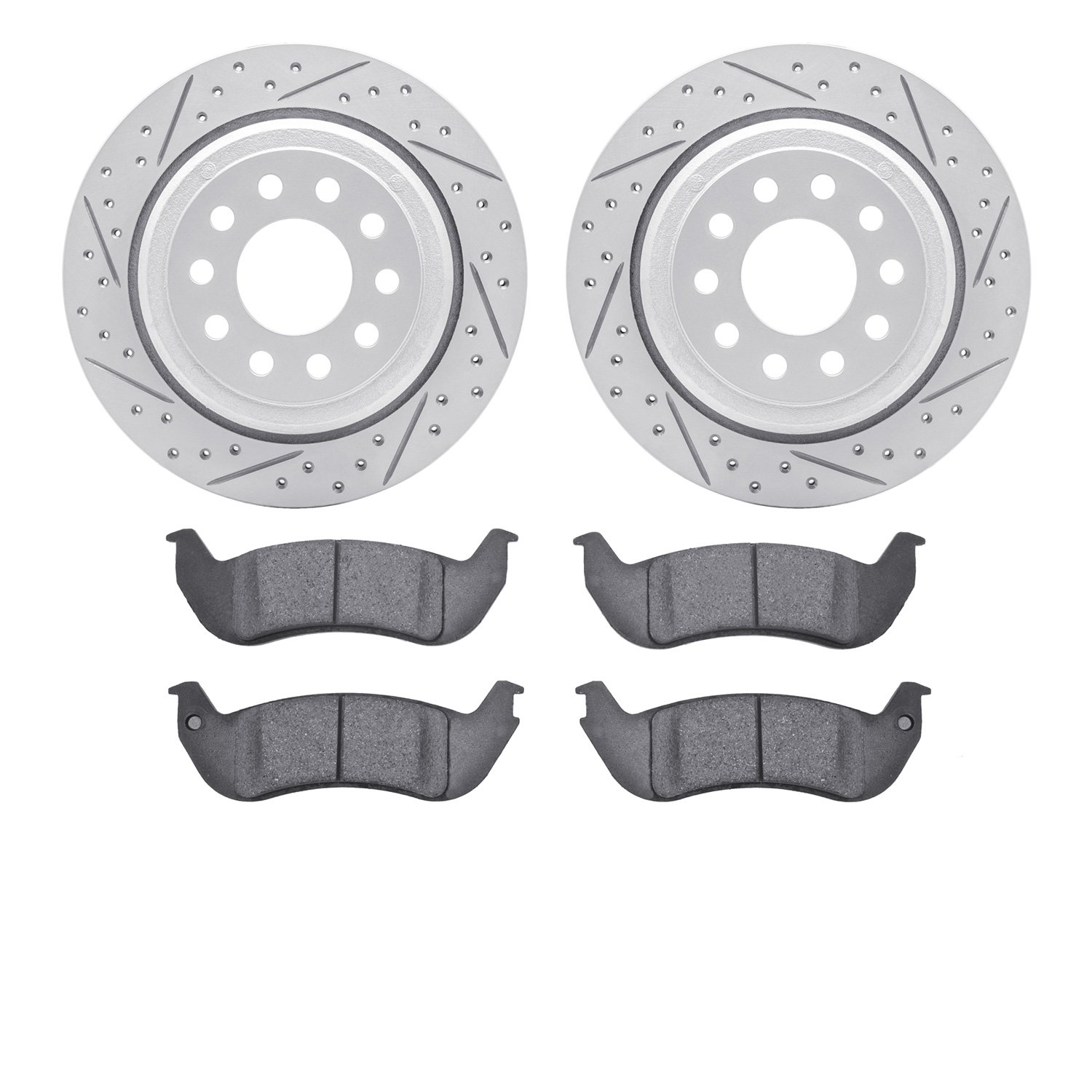 2502-55000 Geoperformance Drilled/Slotted Rotors w/5000 Advanced Brake Pads Kit, 2003-2011 Ford/Lincoln/Mercury/Mazda, Position: