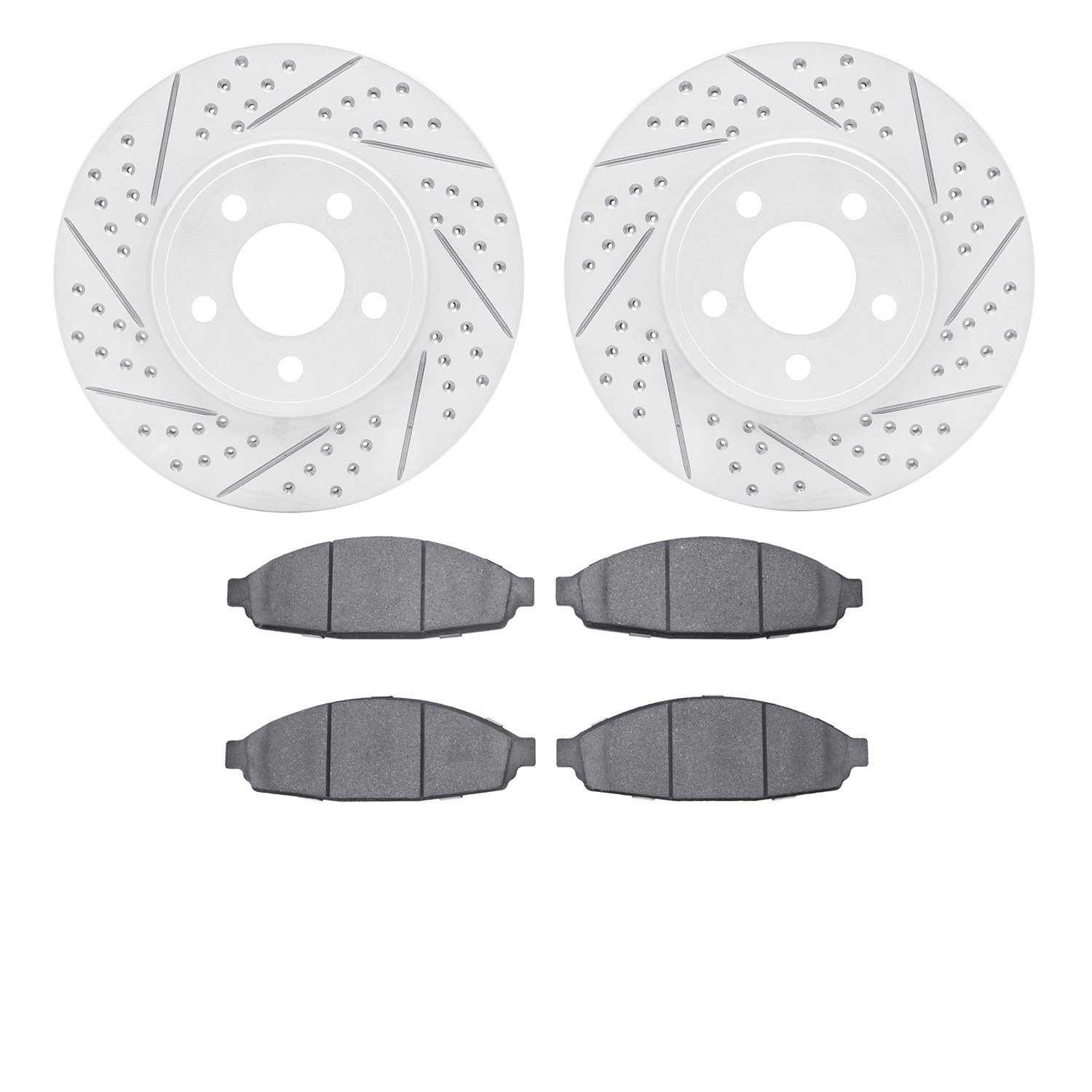 2502-56007 Geoperformance Drilled/Slotted Rotors w/5000 Advanced Brake Pads Kit, 2003-2011 Ford/Lincoln/Mercury/Mazda, Position: