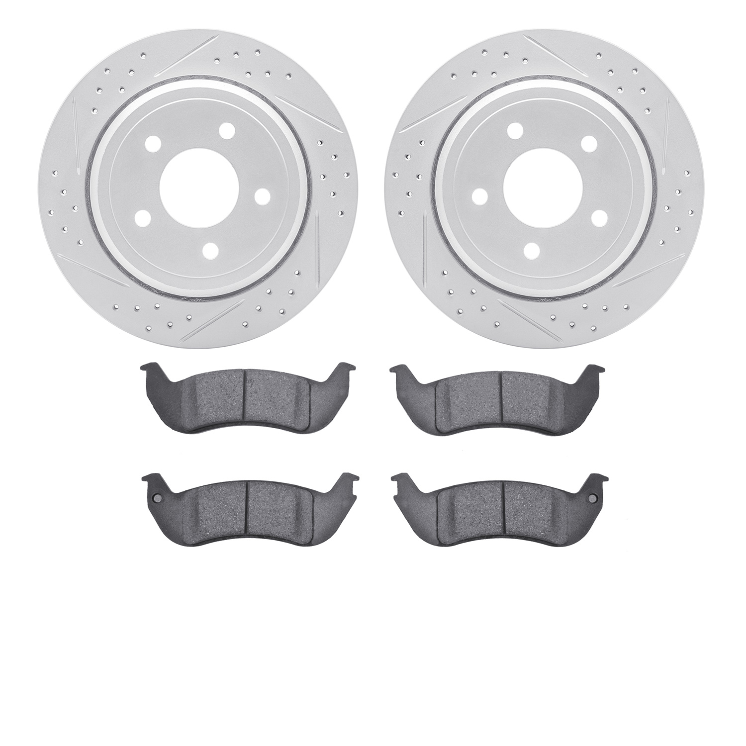 2502-56008 Geoperformance Drilled/Slotted Rotors w/5000 Advanced Brake Pads Kit, 2003-2011 Ford/Lincoln/Mercury/Mazda, Position: