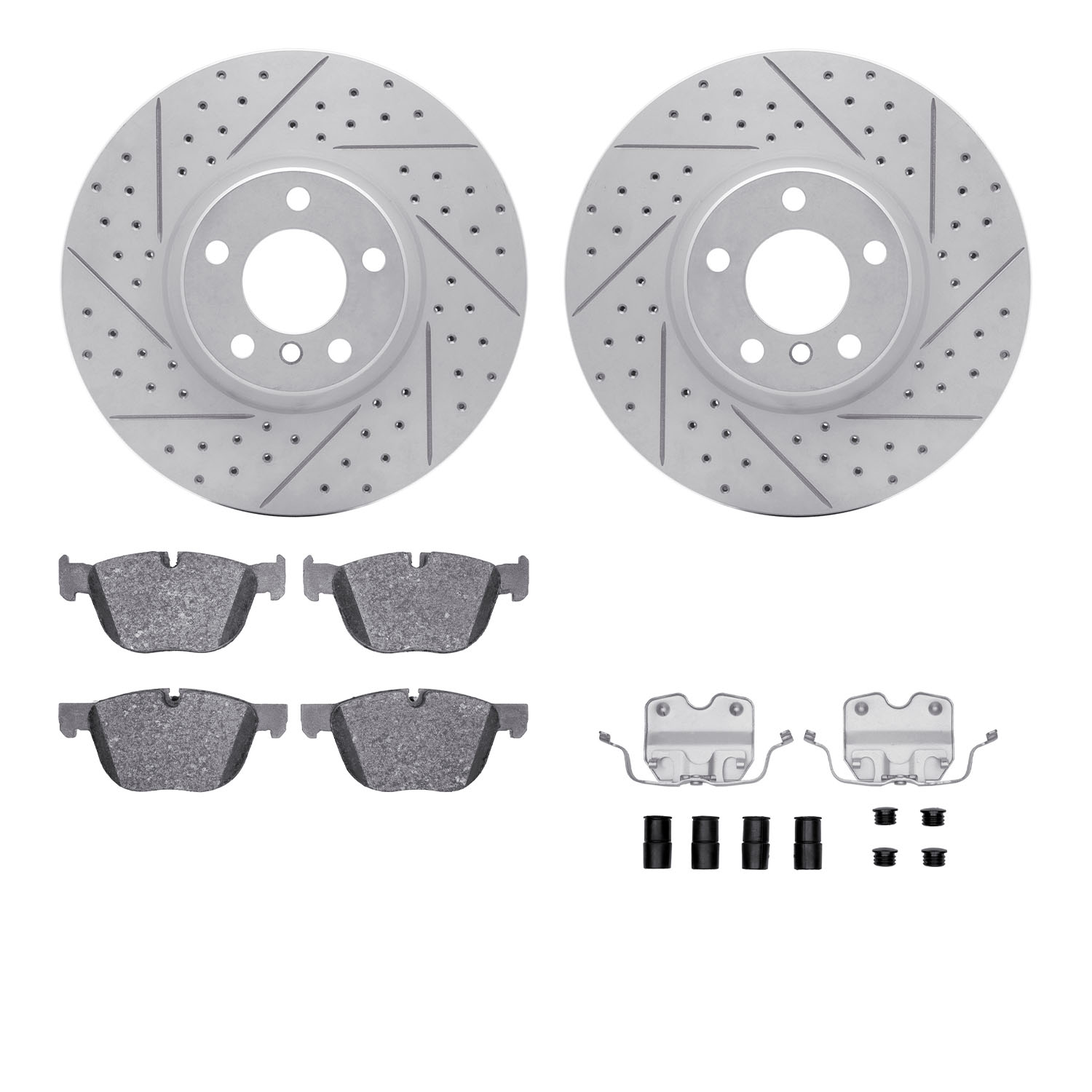 2512-31103 Geoperformance Drilled/Slotted Rotors w/5000 Advanced Brake Pads Kit & Hardware, 2007-2018 BMW, Position: Front