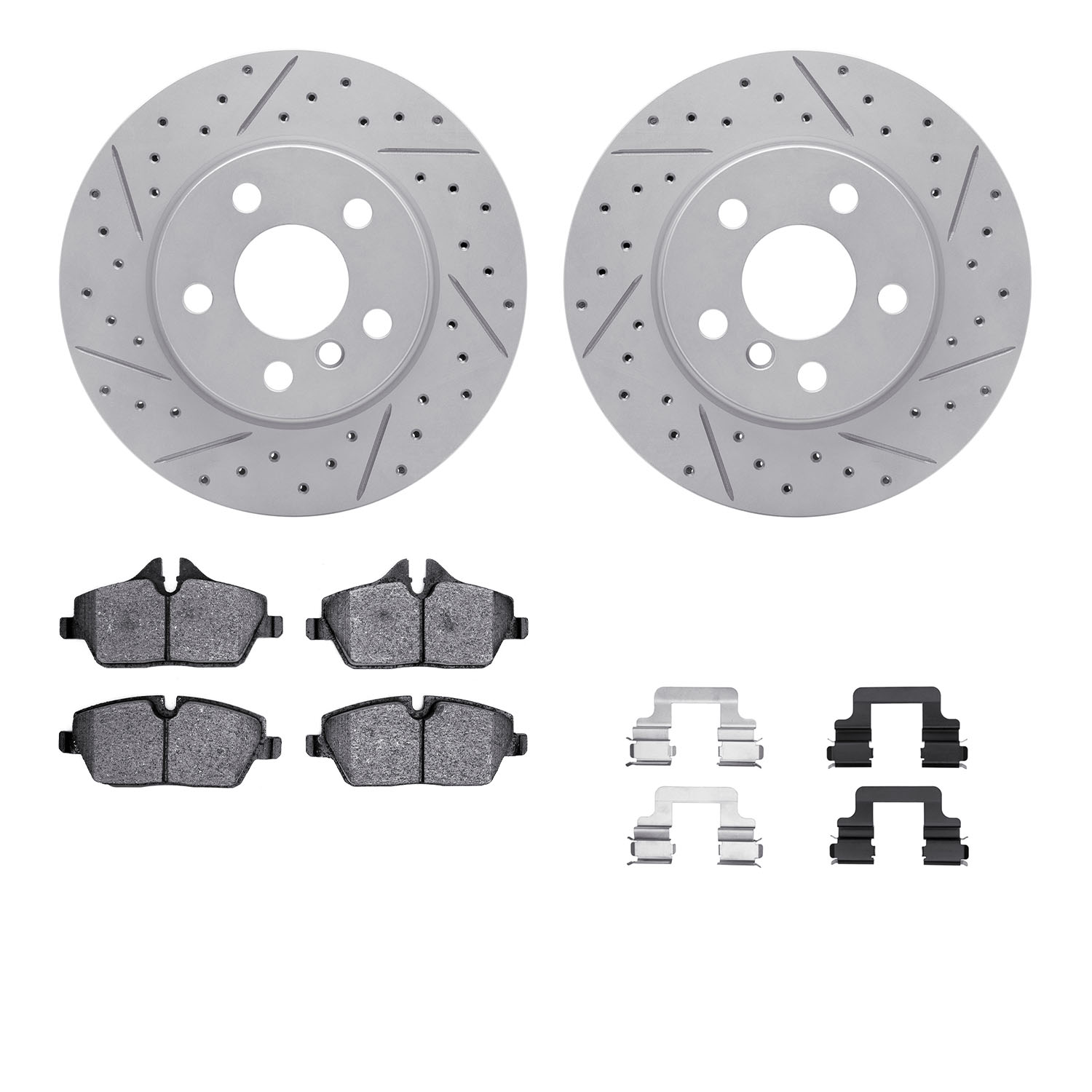 2512-32022 Geoperformance Drilled/Slotted Rotors w/5000 Advanced Brake Pads Kit & Hardware, 2014-2019 Mini, Position: Front