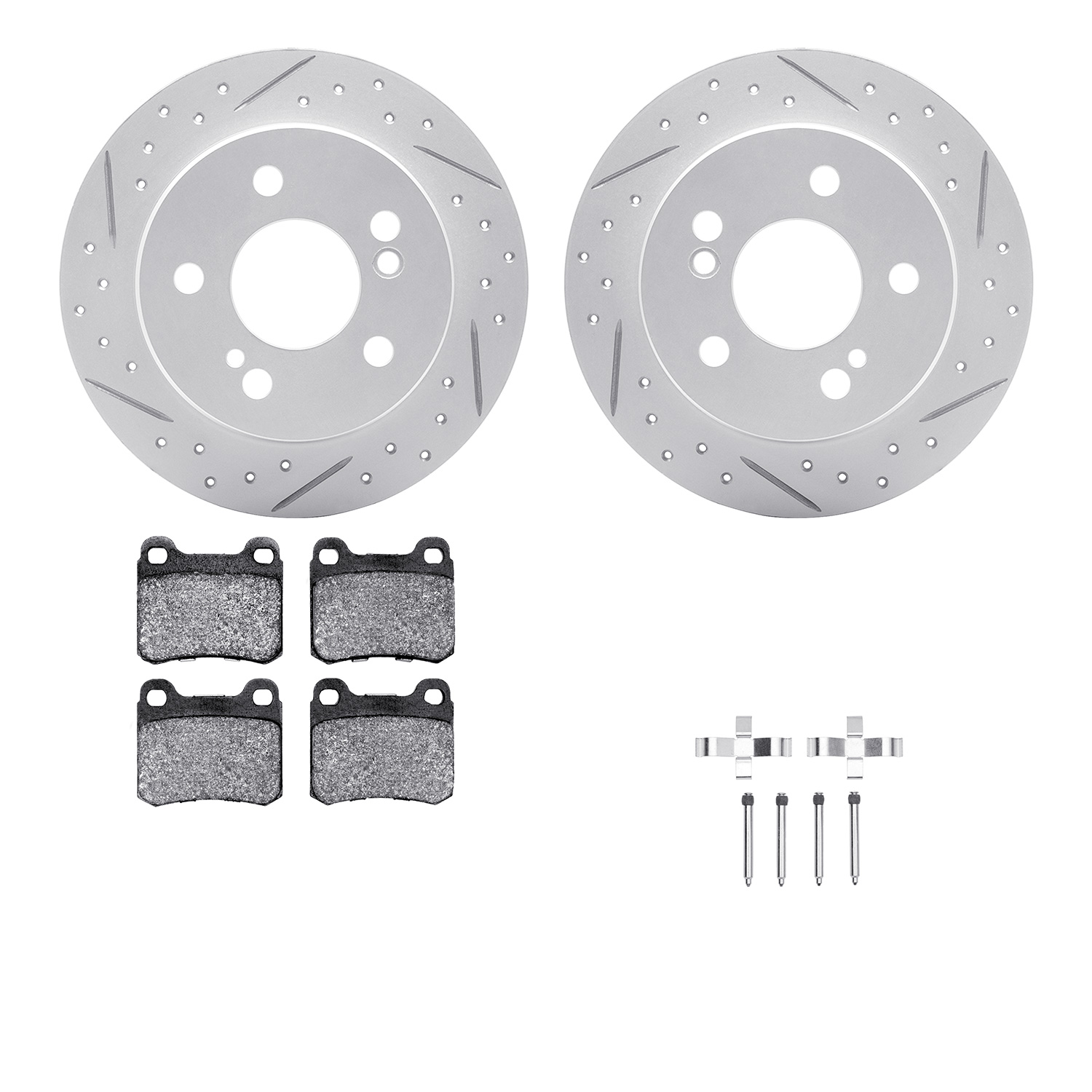 2512-63007 Geoperformance Drilled/Slotted Rotors w/5000 Advanced Brake Pads Kit & Hardware, 1984-1995 Mercedes-Benz, Position: R