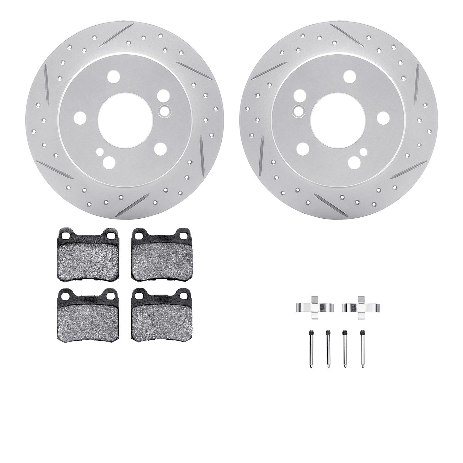 2512-63008 Geoperformance Drilled/Slotted Rotors w/5000 Advanced Brake Pads Kit & Hardware, 1984-1989 Mercedes-Benz, Position: R