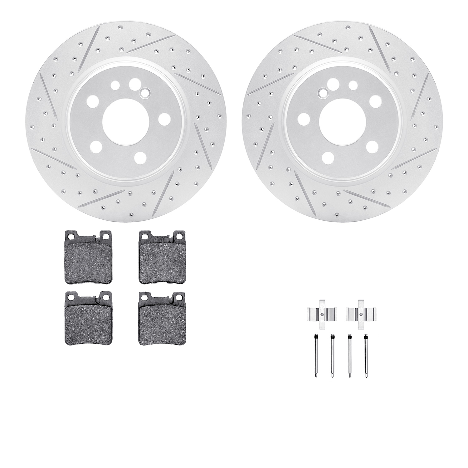 2512-63011 Geoperformance Drilled/Slotted Rotors w/5000 Advanced Brake Pads Kit & Hardware, 1992-1999 Mercedes-Benz, Position: R
