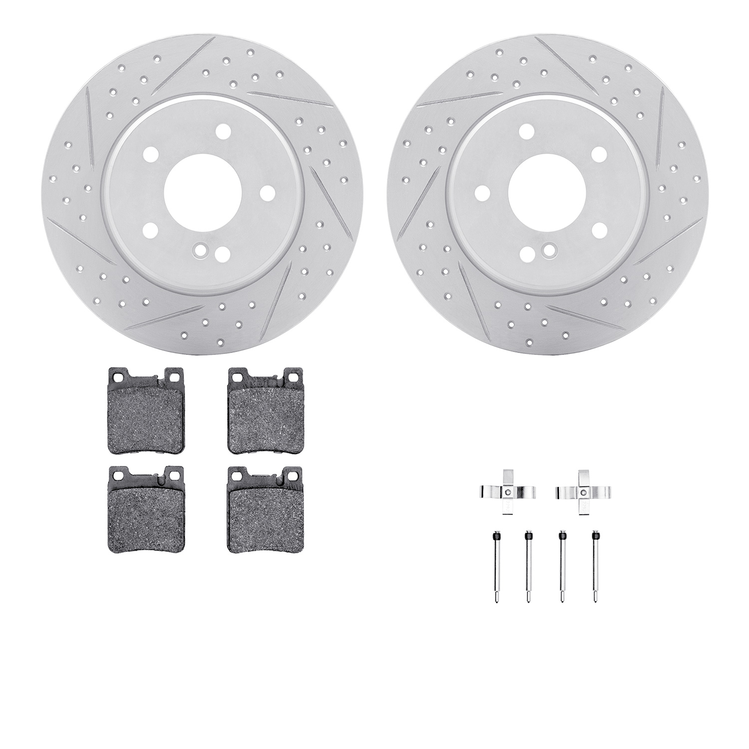 2512-63012 Geoperformance Drilled/Slotted Rotors w/5000 Advanced Brake Pads Kit & Hardware, 1994-2000 Mercedes-Benz, Position: R