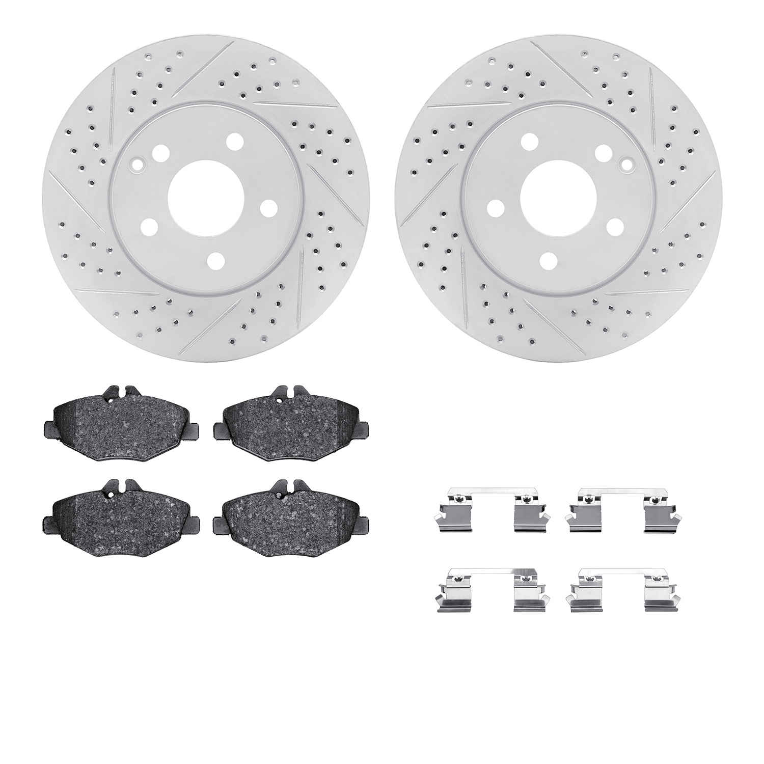 2512-63018 Geoperformance Drilled/Slotted Rotors w/5000 Advanced Brake Pads Kit & Hardware, 2003-2009 Mercedes-Benz, Position: F