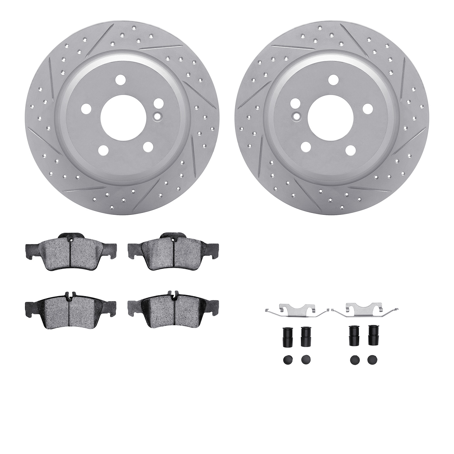2512-63020 Geoperformance Drilled/Slotted Rotors w/5000 Advanced Brake Pads Kit & Hardware, 2014-2016 Mercedes-Benz, Position: R