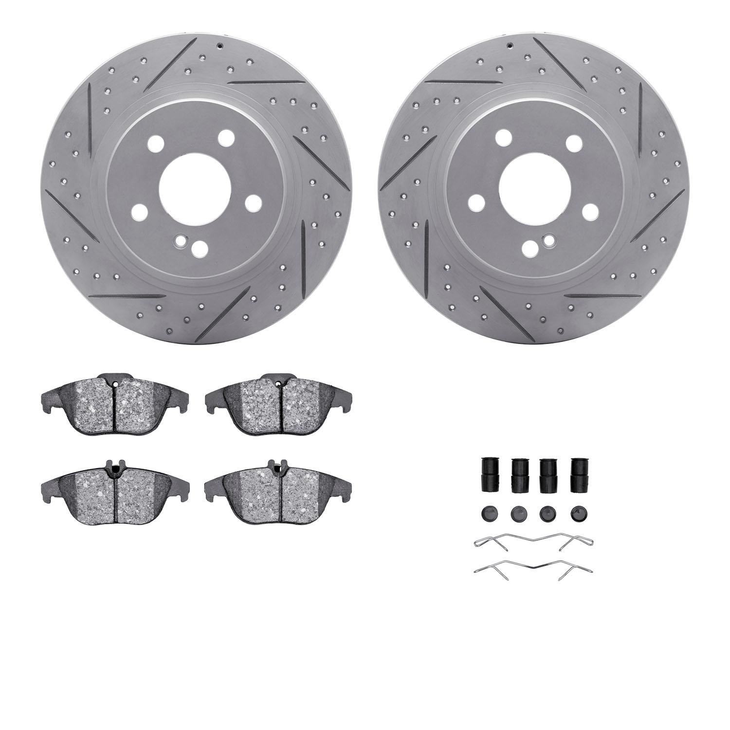 2512-63027 Geoperformance Drilled/Slotted Rotors w/5000 Advanced Brake Pads Kit & Hardware, 2008-2012 Mercedes-Benz, Position: R