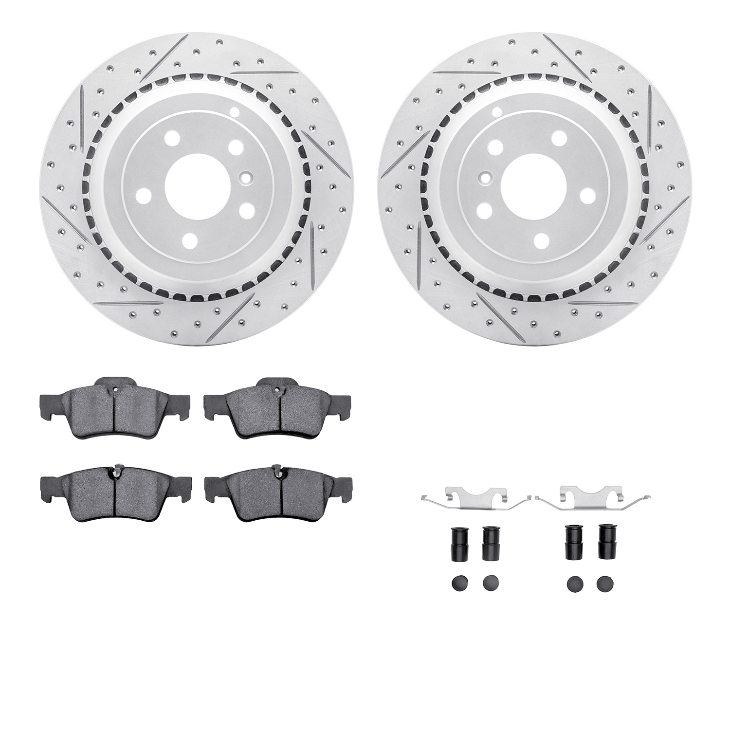2512-63107 Geoperformance Drilled/Slotted Rotors w/5000 Advanced Brake Pads Kit & Hardware, 2006-2012 Mercedes-Benz, Position: R