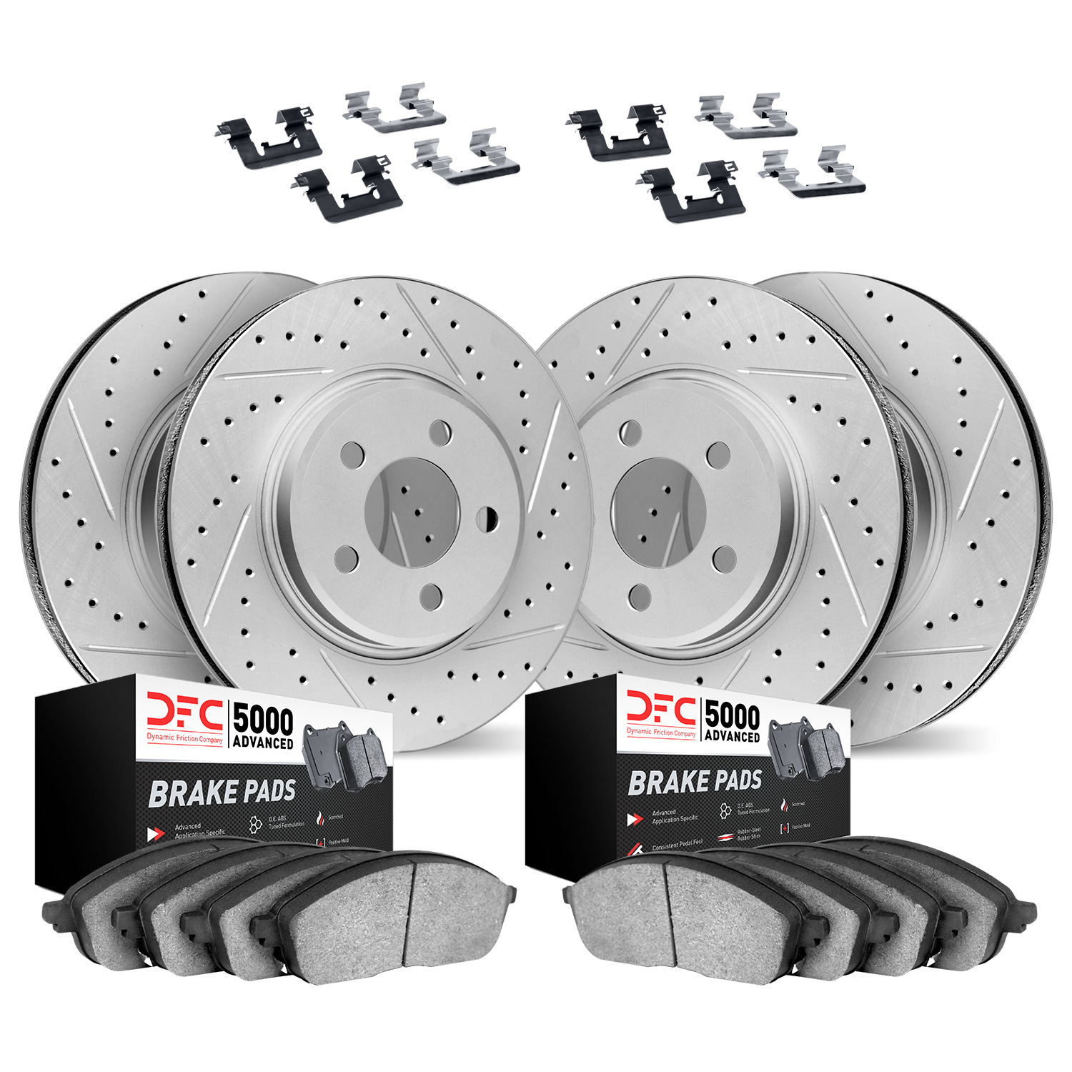2514-31013 Geoperformance Drilled/Slotted Rotors w/5000 Advanced Brake Pads Kit & Hardware, 2006-2007 BMW, Position: Front and R