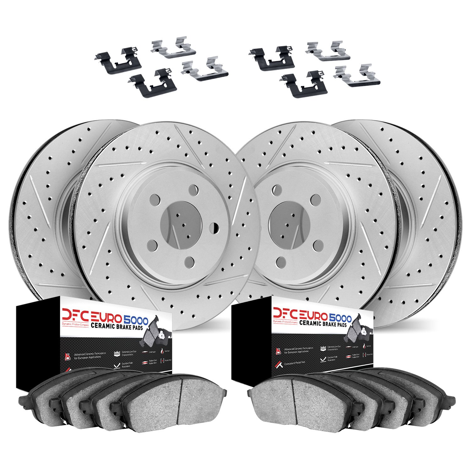 2614-31020 Geoperformance Drilled/Slotted Rotors w/5000 Euro Ceramic Brake Pads Kit & Hardware, 2007-2018 BMW, Position: Front a