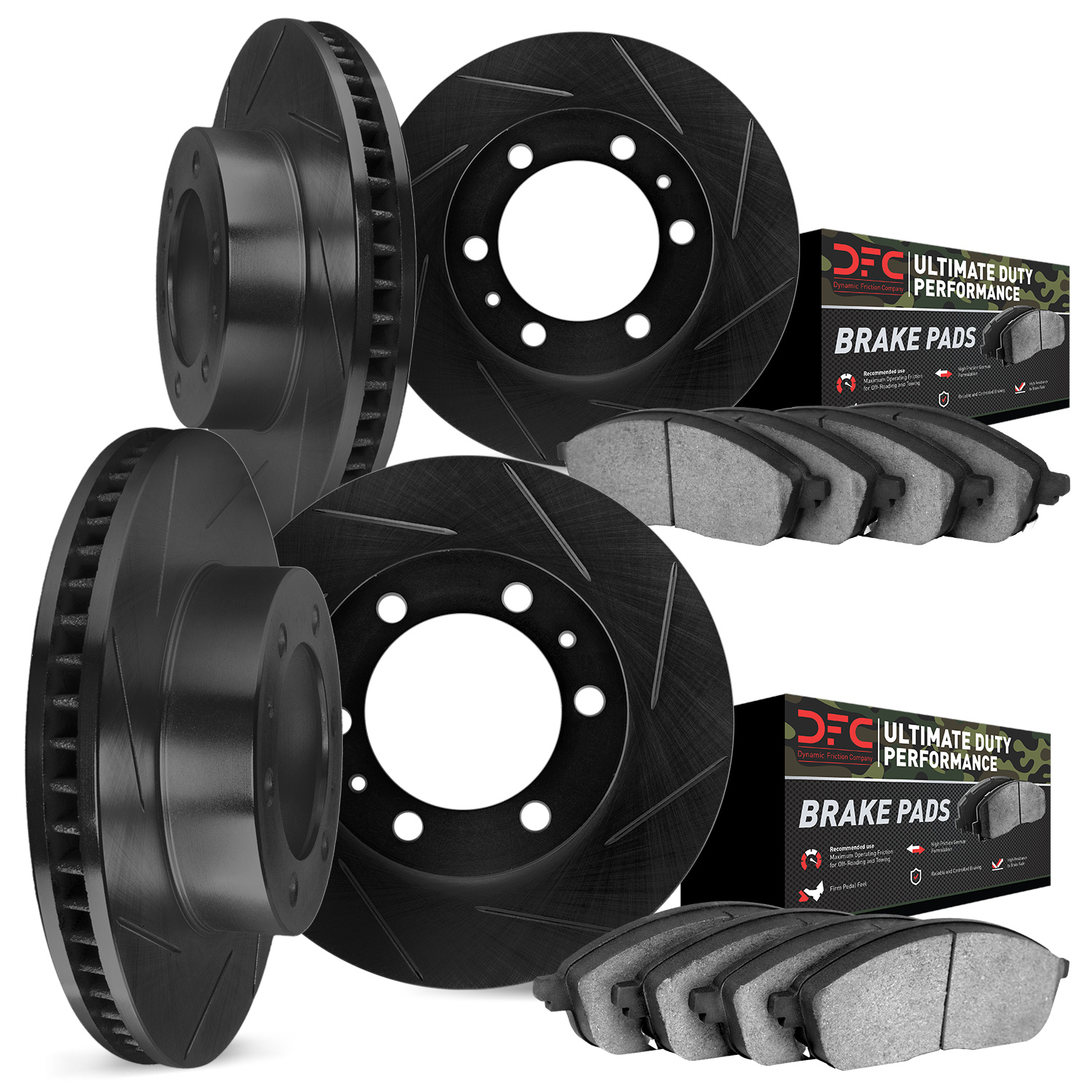 3404-48016 Slotted Brake Rotors with Ultimate-Duty Brake Pads Kit [Black], 2014-2020 GM, Position: Front and Rear