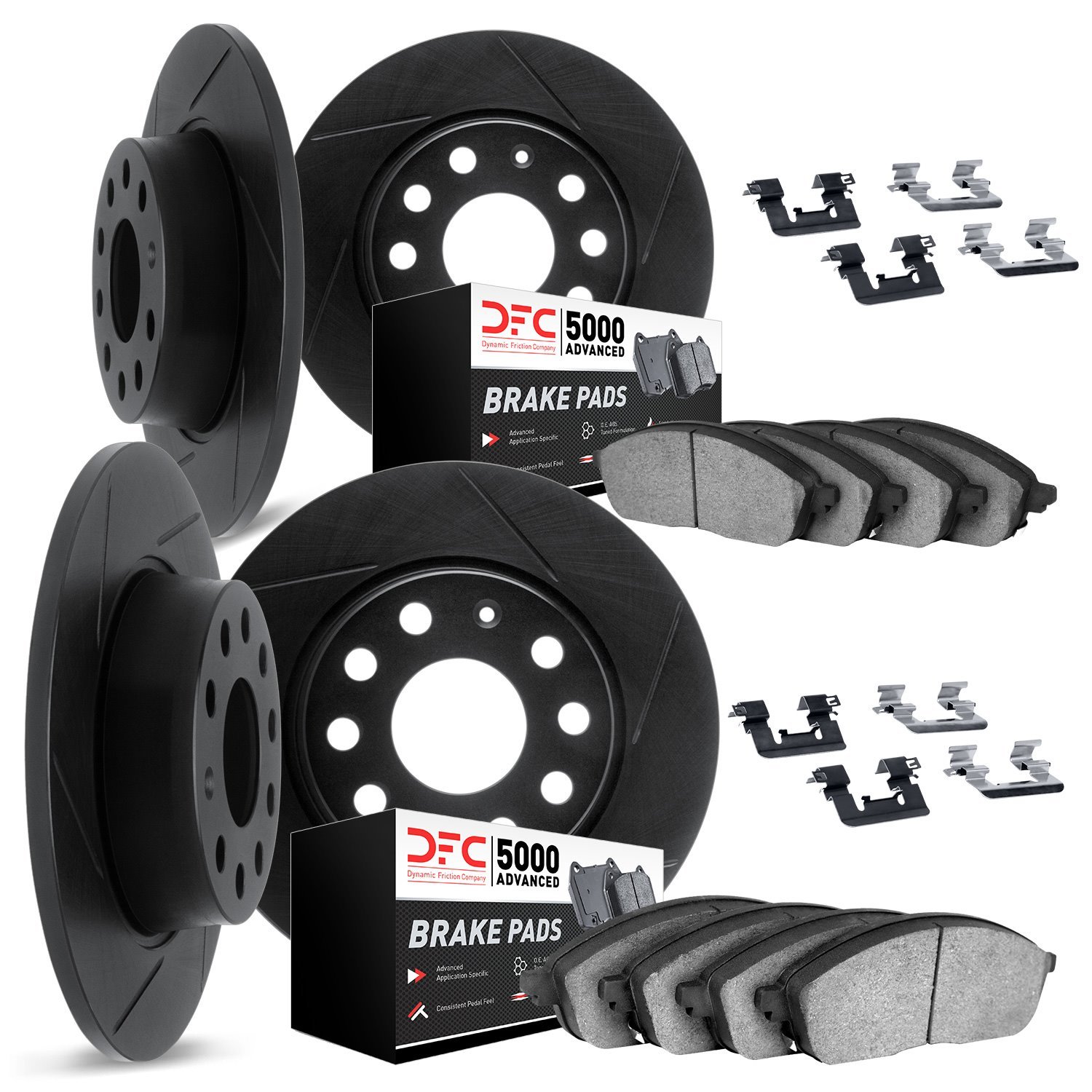 3514-11004 Slotted Brake Rotors w/5000 Advanced Brake Pads Kit & Hardware [Black], 1994-1999 Land Rover, Position: Front and Rea