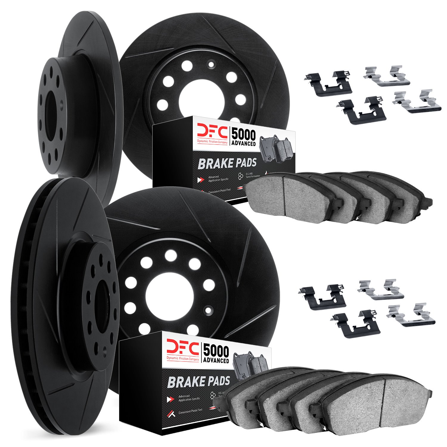 3514-11005 Slotted Brake Rotors w/5000 Advanced Brake Pads Kit & Hardware [Black], 1994-2002 Land Rover, Position: Front and Rea