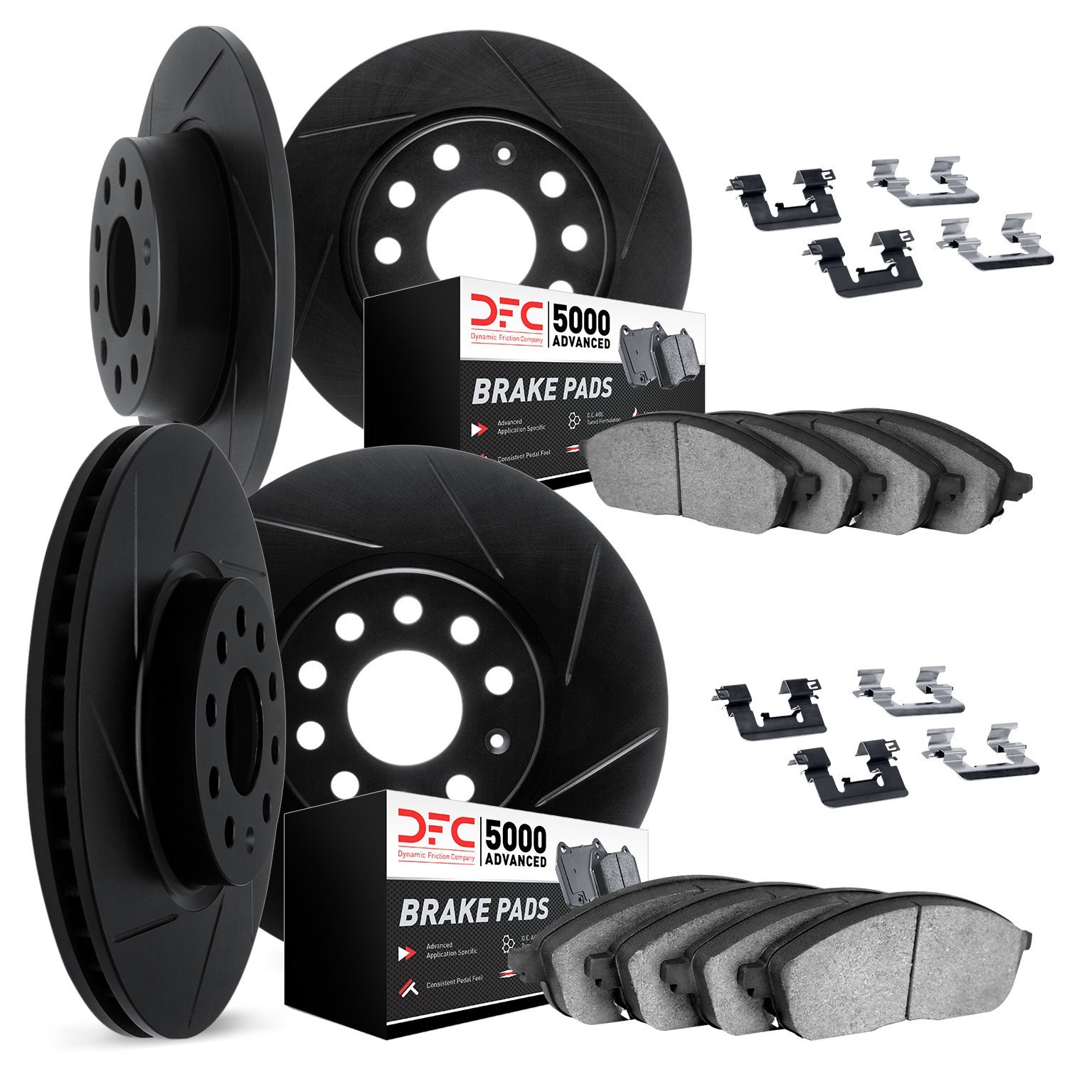 3514-11015 Slotted Brake Rotors w/5000 Advanced Brake Pads Kit & Hardware [Black], 2016-2019 Land Rover, Position: Front and Rea