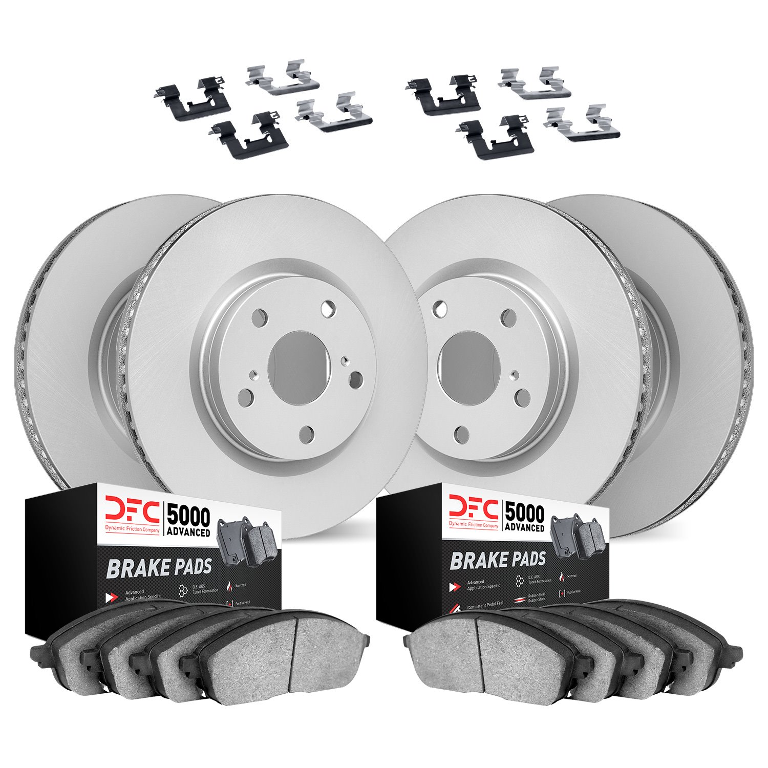 4514-11012 Geospec Brake Rotors w/5000 Advanced Brake Pads Kit & Hardware, 2010-2016 Land Rover, Position: Front and Rear