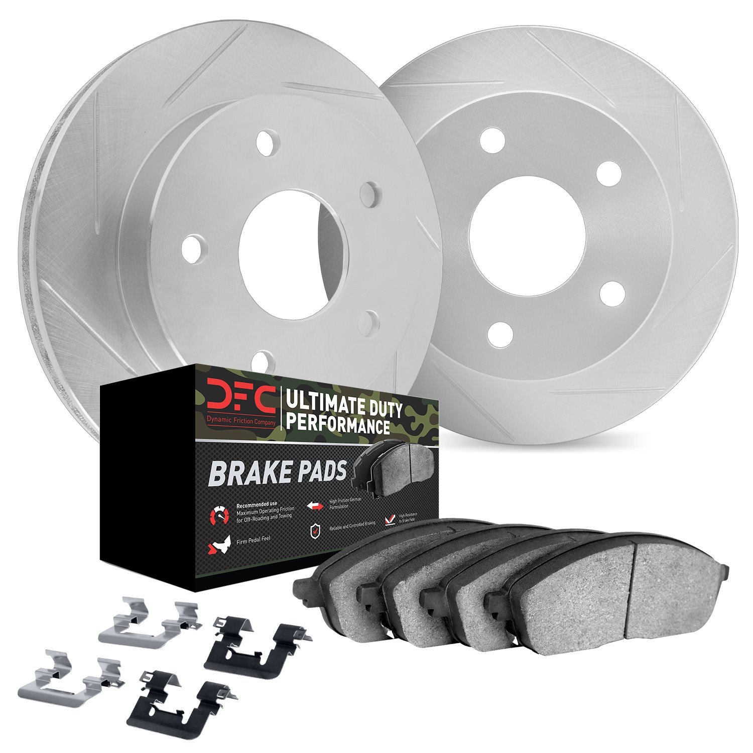 5412-40011 Slotted Brake Rotors with Ultimate-Duty Brake Pads Kit & Hardware [Silver], 2002-2018 Mopar, Position: Rear
