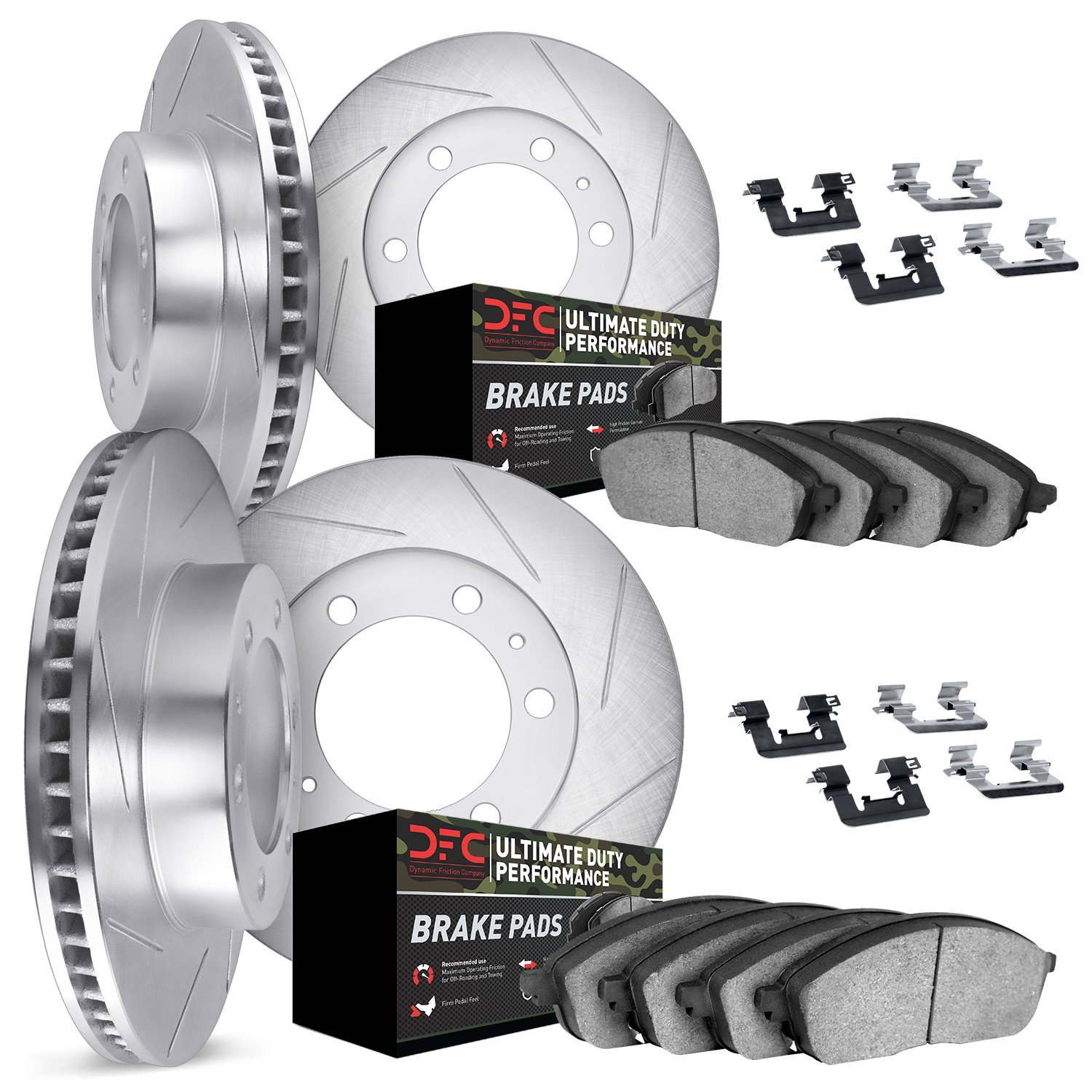 5414-48016 Slotted Brake Rotors with Ultimate-Duty Brake Pads Kit & Hardware [Silver], 2007-2014 GM, Position: Front and Rear