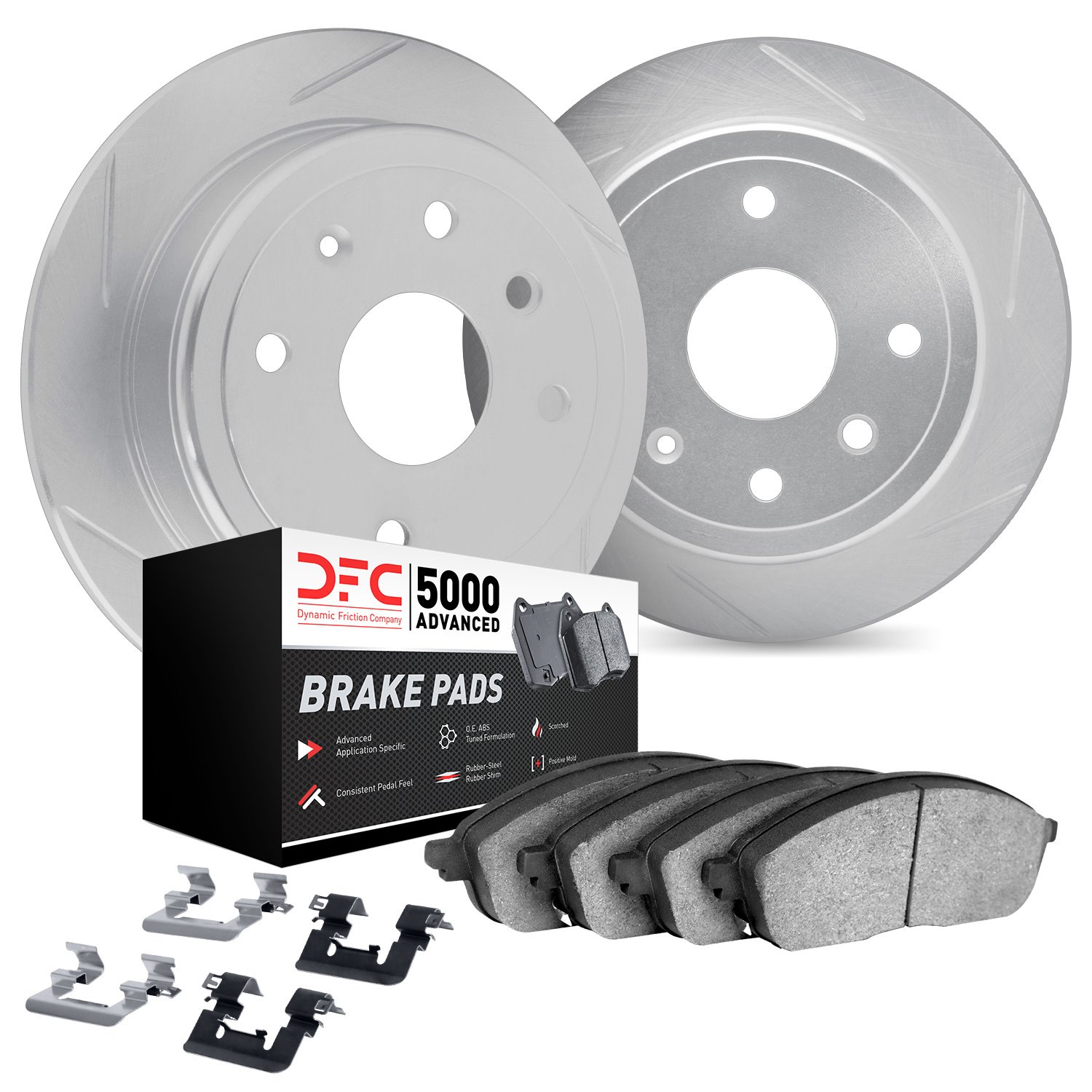 5512-63139 Slotted Brake Rotors w/5000 Advanced Brake Pads Kit & Hardware [Silver], 2014-2019 Mercedes-Benz, Position: Rear