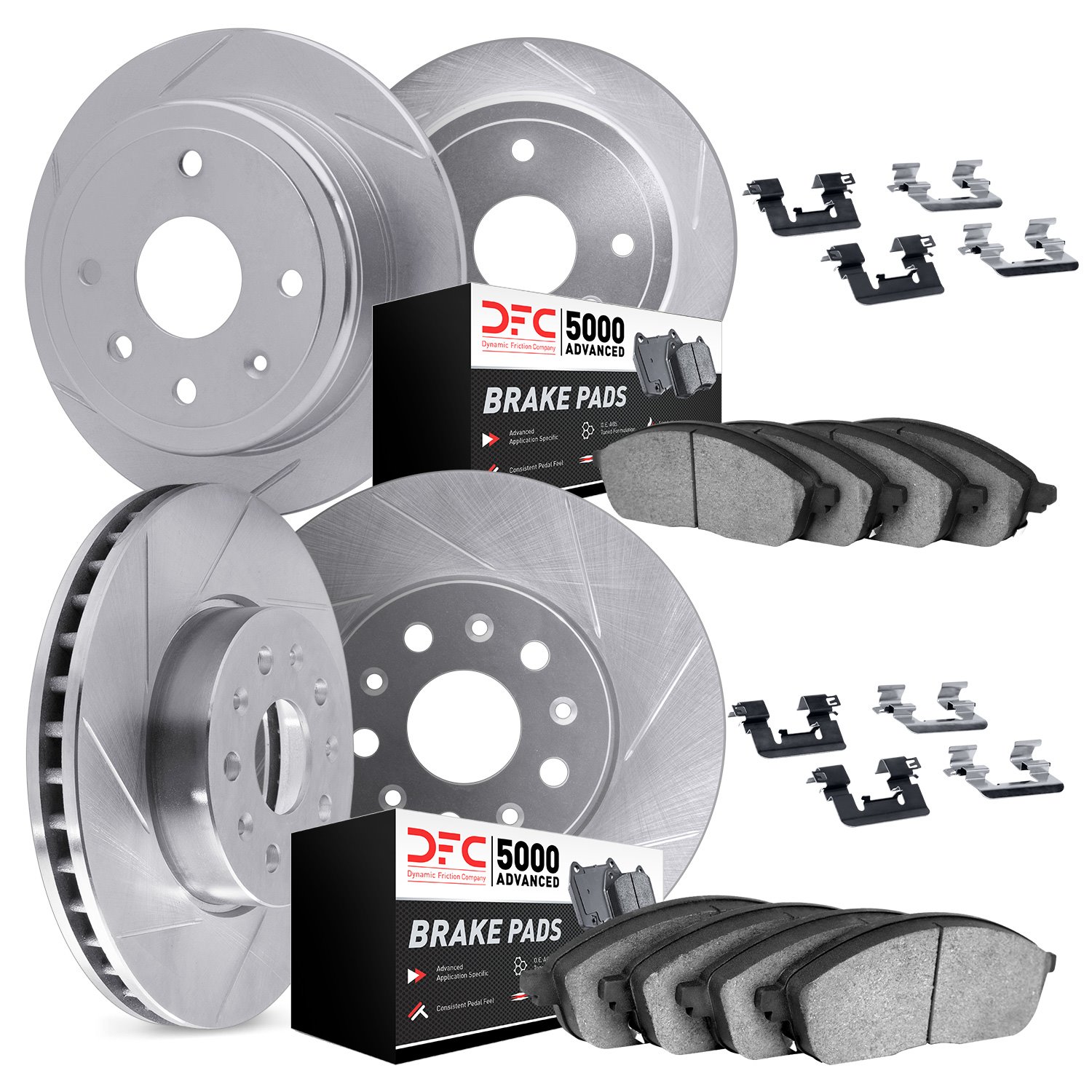 5514-11015 Slotted Brake Rotors w/5000 Advanced Brake Pads Kit & Hardware [Silver], 2016-2019 Land Rover, Position: Front and Re