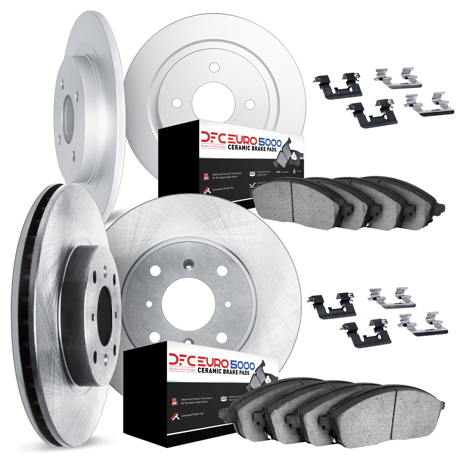 6614-12106 Brake Rotors w/5000 Euro Ceramic Brake Pads Kit with Hardware, 2012-2019 Mopar, Position: Front and Rear