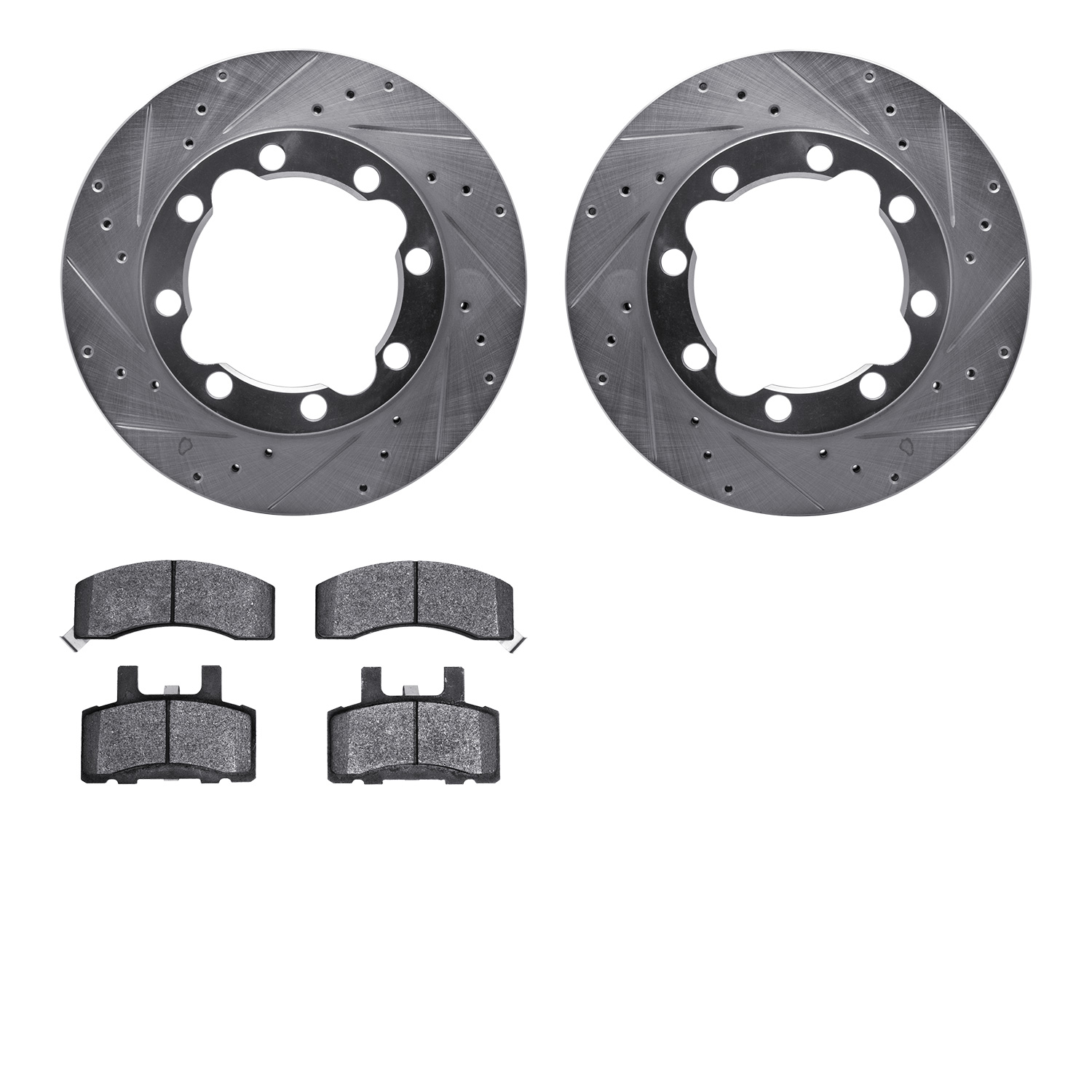 7202-40062 Drilled/Slotted Rotors w/Heavy-Duty Brake Pads Kit [Silver], 1988-2000 Multiple Makes/Models, Position: Front