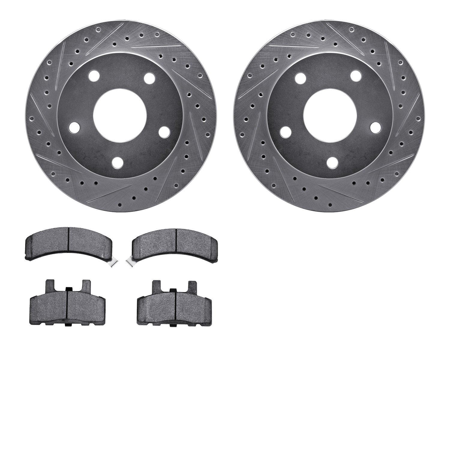 7202-40101 Drilled/Slotted Rotors w/Heavy-Duty Brake Pads Kit [Silver], 1994-1999 Mopar, Position: Front
