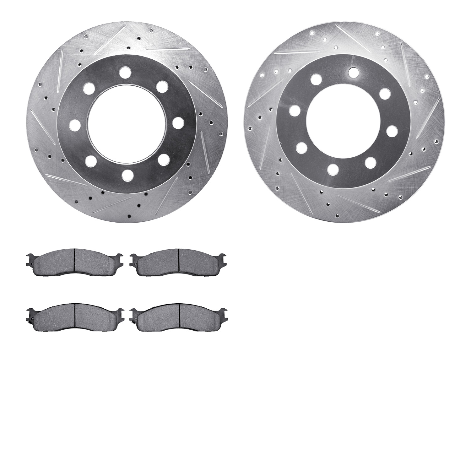 7202-40131 Drilled/Slotted Rotors w/Heavy-Duty Brake Pads Kit [Silver], 2003-2008 Mopar, Position: Front