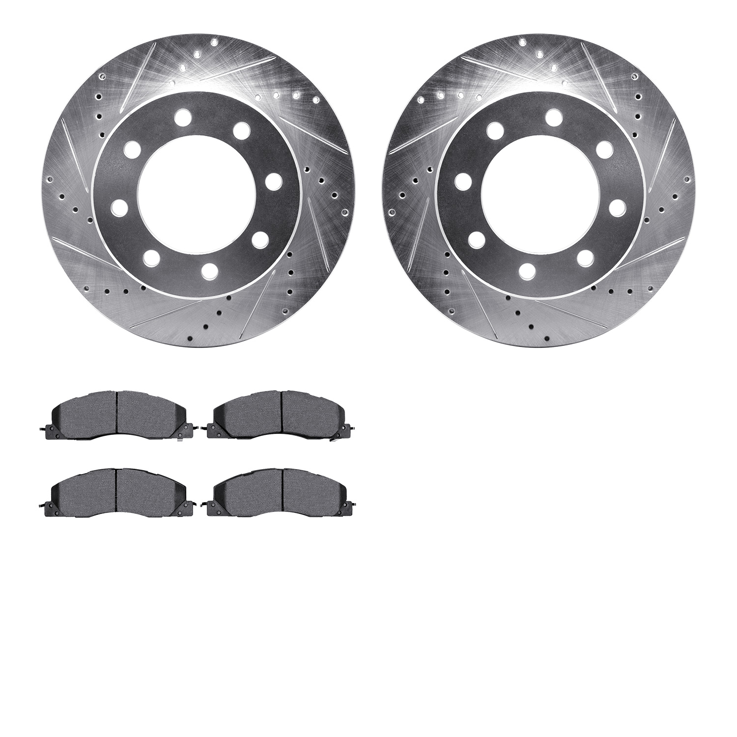 7202-40142 Drilled/Slotted Rotors w/Heavy-Duty Brake Pads Kit [Silver], 2009-2018 Mopar, Position: Front