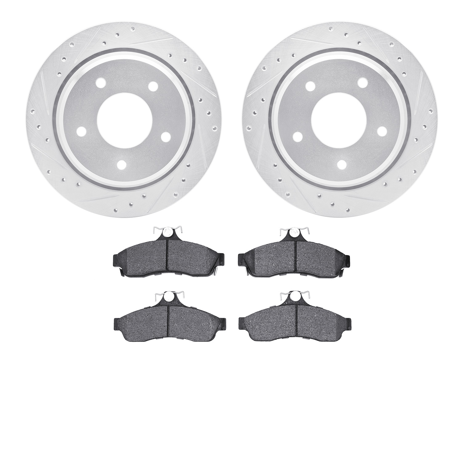 7202-47045 Drilled/Slotted Rotors w/Heavy-Duty Brake Pads Kit [Silver], 1994-1996 GM, Position: Rear