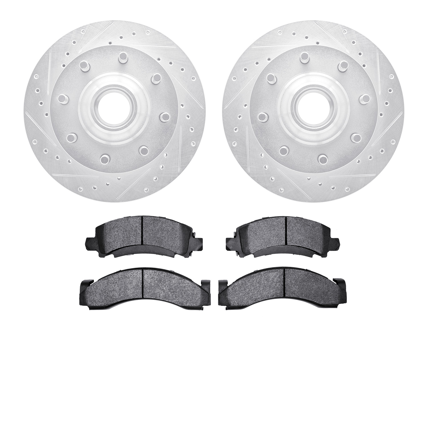 7202-48010 Drilled/Slotted Rotors w/Heavy-Duty Brake Pads Kit [Silver], 1994-1995 GM, Position: Front