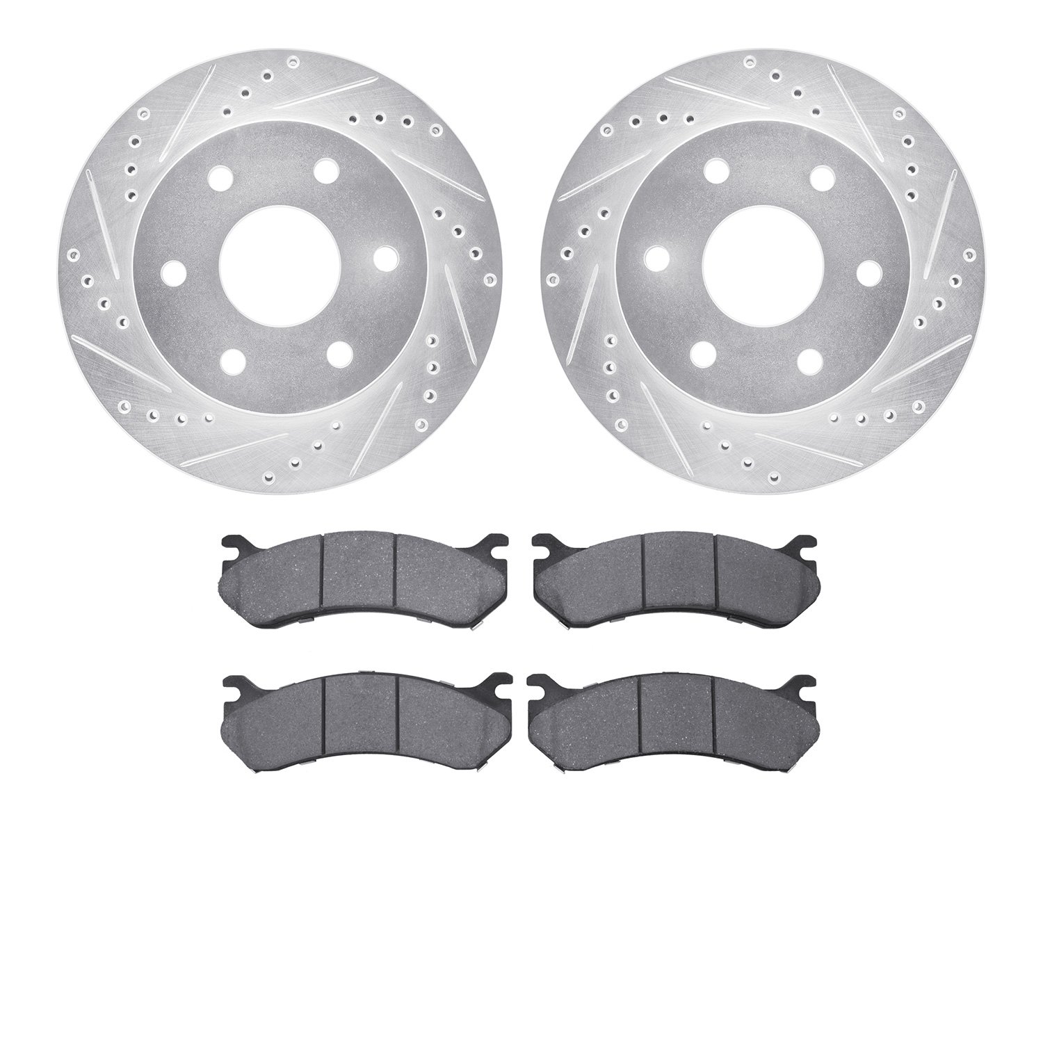 7202-48013 Drilled/Slotted Rotors w/Heavy-Duty Brake Pads Kit [Silver], 1999-2008 GM, Position: Front