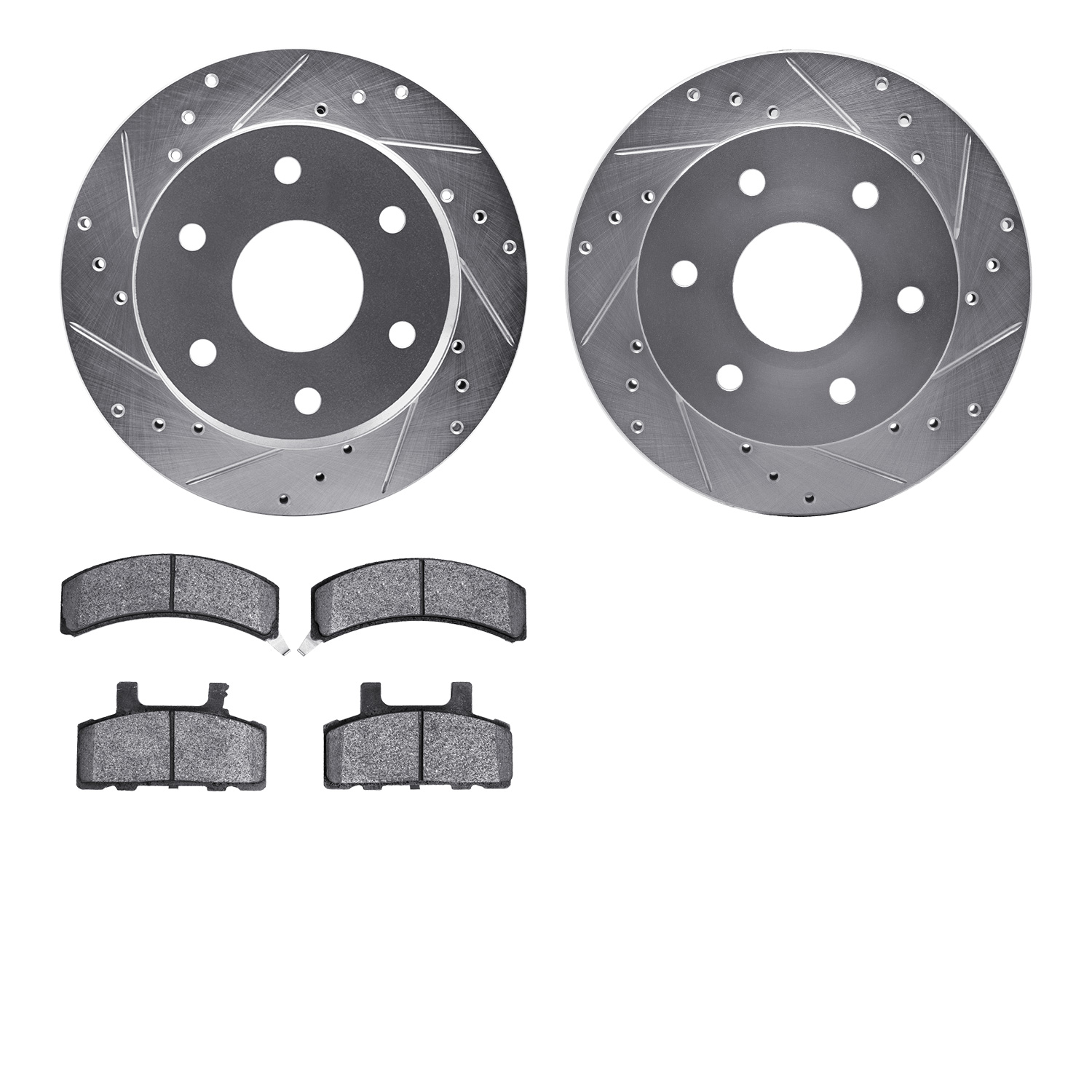 7202-48015 Drilled/Slotted Rotors w/Heavy-Duty Brake Pads Kit [Silver], 1988-1991 GM, Position: Front