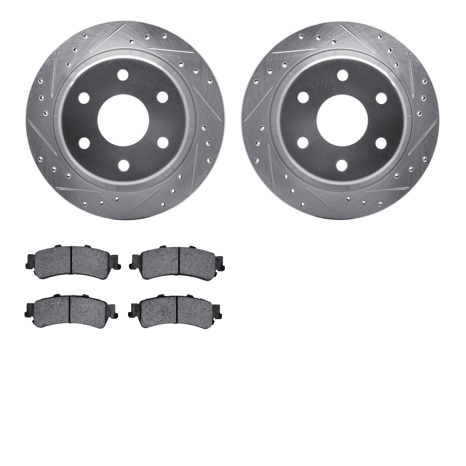7202-48017 Drilled/Slotted Rotors w/Heavy-Duty Brake Pads Kit [Silver], 1999-2007 GM, Position: Rear