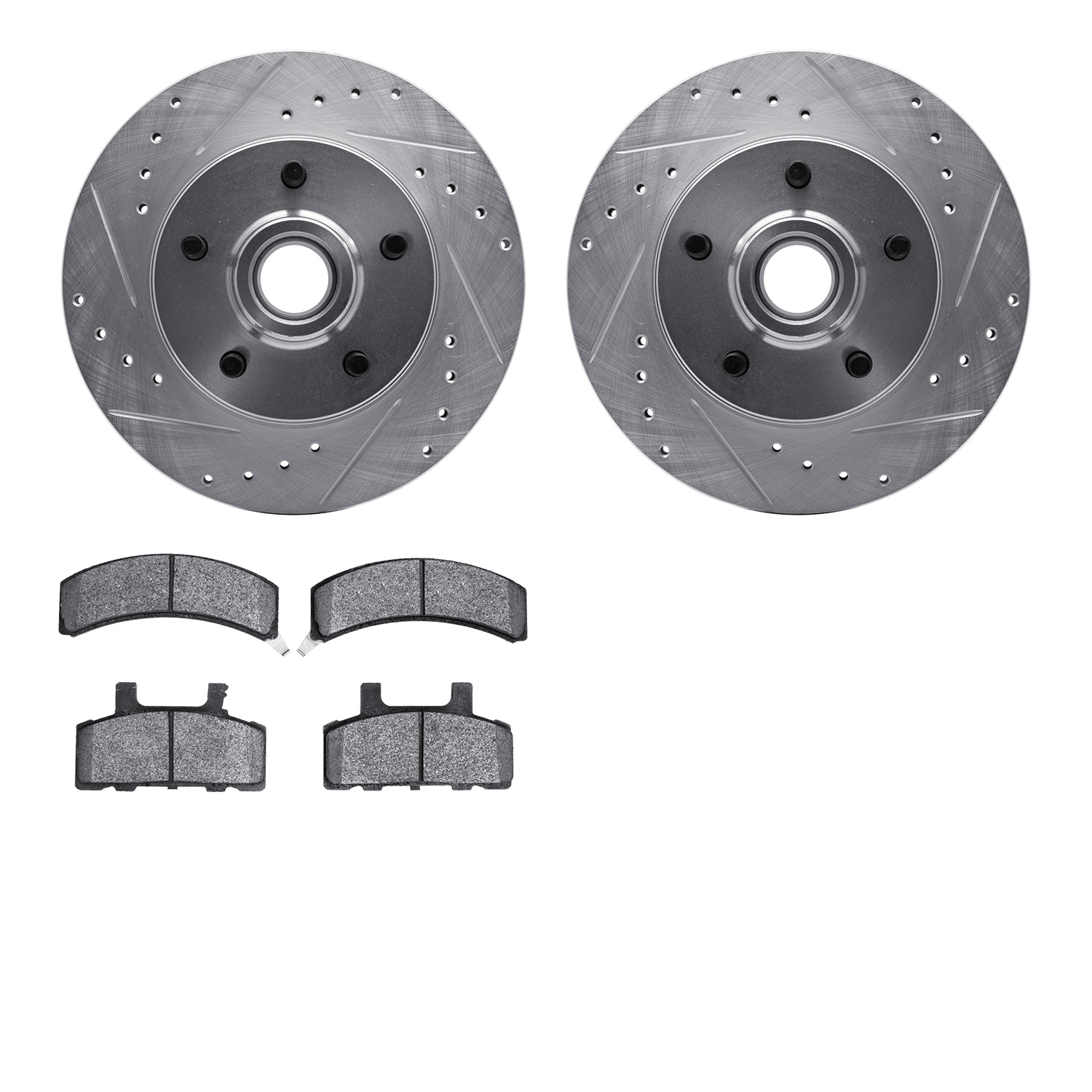 7202-48018 Drilled/Slotted Rotors w/Heavy-Duty Brake Pads Kit [Silver], 1988-1991 GM, Position: Front