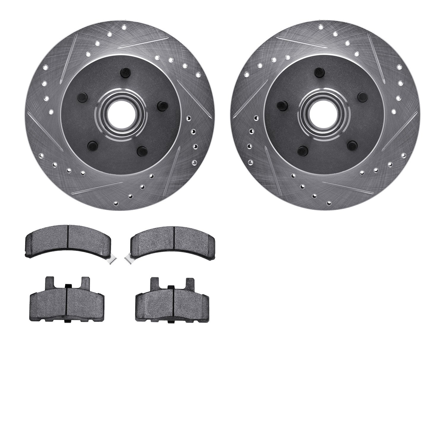7202-48019 Drilled/Slotted Rotors w/Heavy-Duty Brake Pads Kit [Silver], 1988-1994 GM, Position: Front