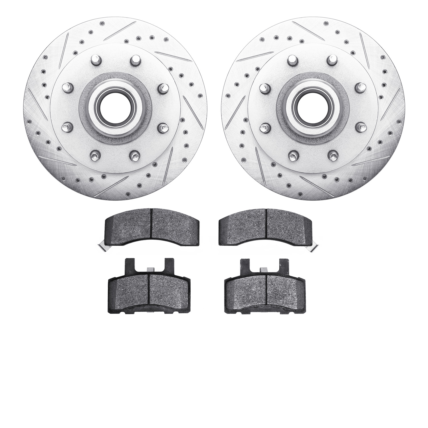 7202-48024 Drilled/Slotted Rotors w/Heavy-Duty Brake Pads Kit [Silver], 1988-1996 GM, Position: Front