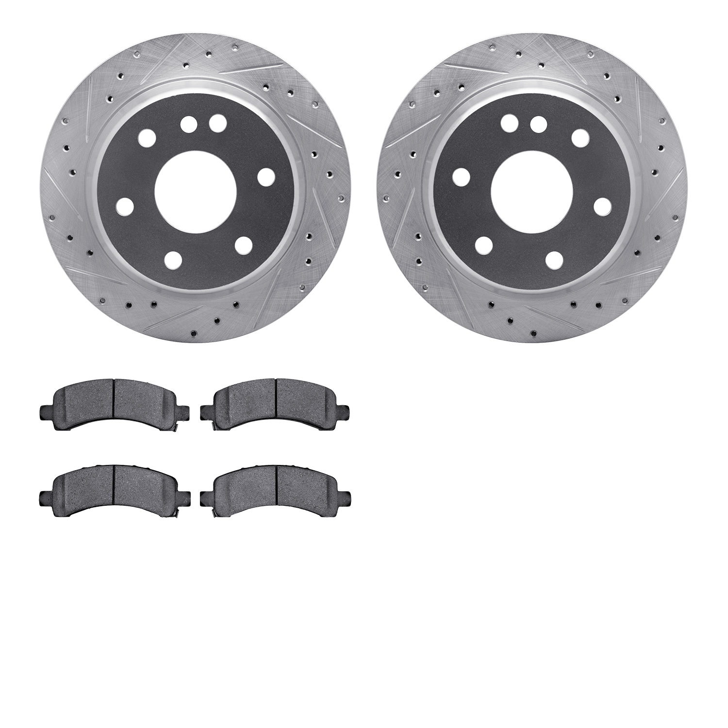 7202-48047 Drilled/Slotted Rotors w/Heavy-Duty Brake Pads Kit [Silver], 2002-2014 GM, Position: Rear